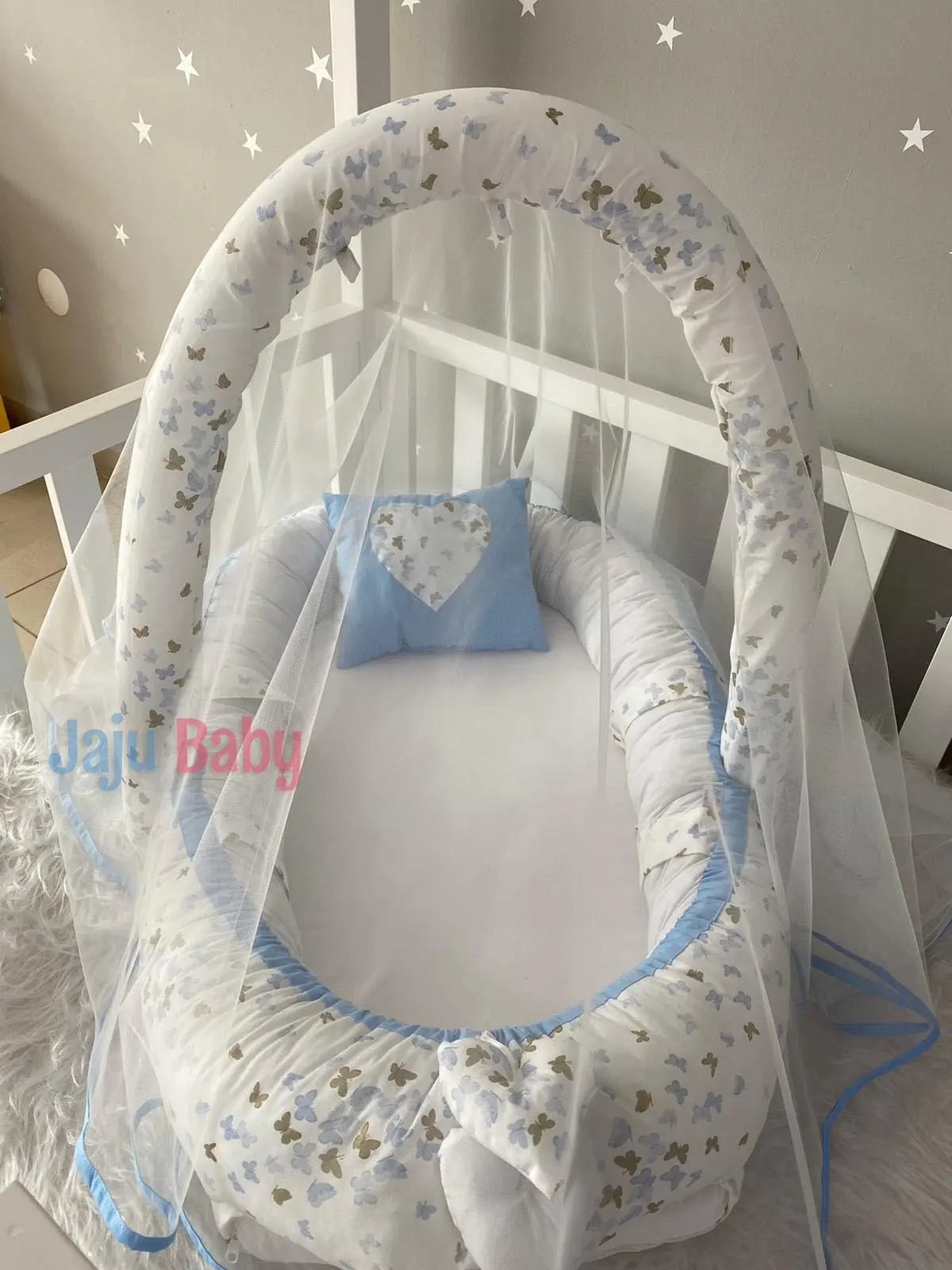 Handmade Blue Butterfly Patterned Mosquito Net and Toy Hanger Luxury Design Babynest