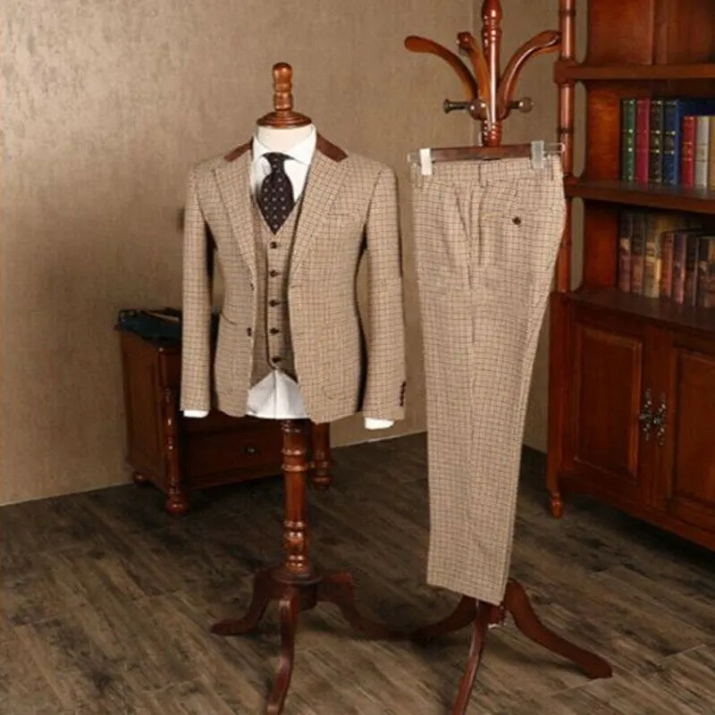 

2025 Brown Classic Plaid Tweed Men Suits Slim fit Groom Wedding Tuxedo Male Formal Business Casual 3 Piece (Blazer+Vest+Pants)