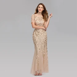 Vestidos de Noche de talla grande con cuello redondo de sirena, manga corta, apliques de encaje, Vestido de fiesta largo de tul, Vestido Formal Sexy