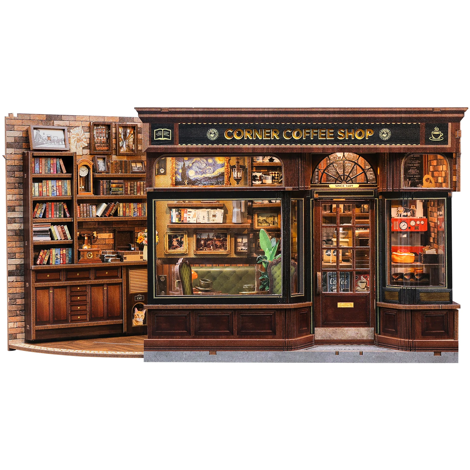 CUTEBEE DIY Book Nook Kit mit Beleuchtung – Miniatur-Holzpuppenhaus-Bücherregal-Einsatz, Deko für gemütliches Café-Modell für Zuhause und Büro