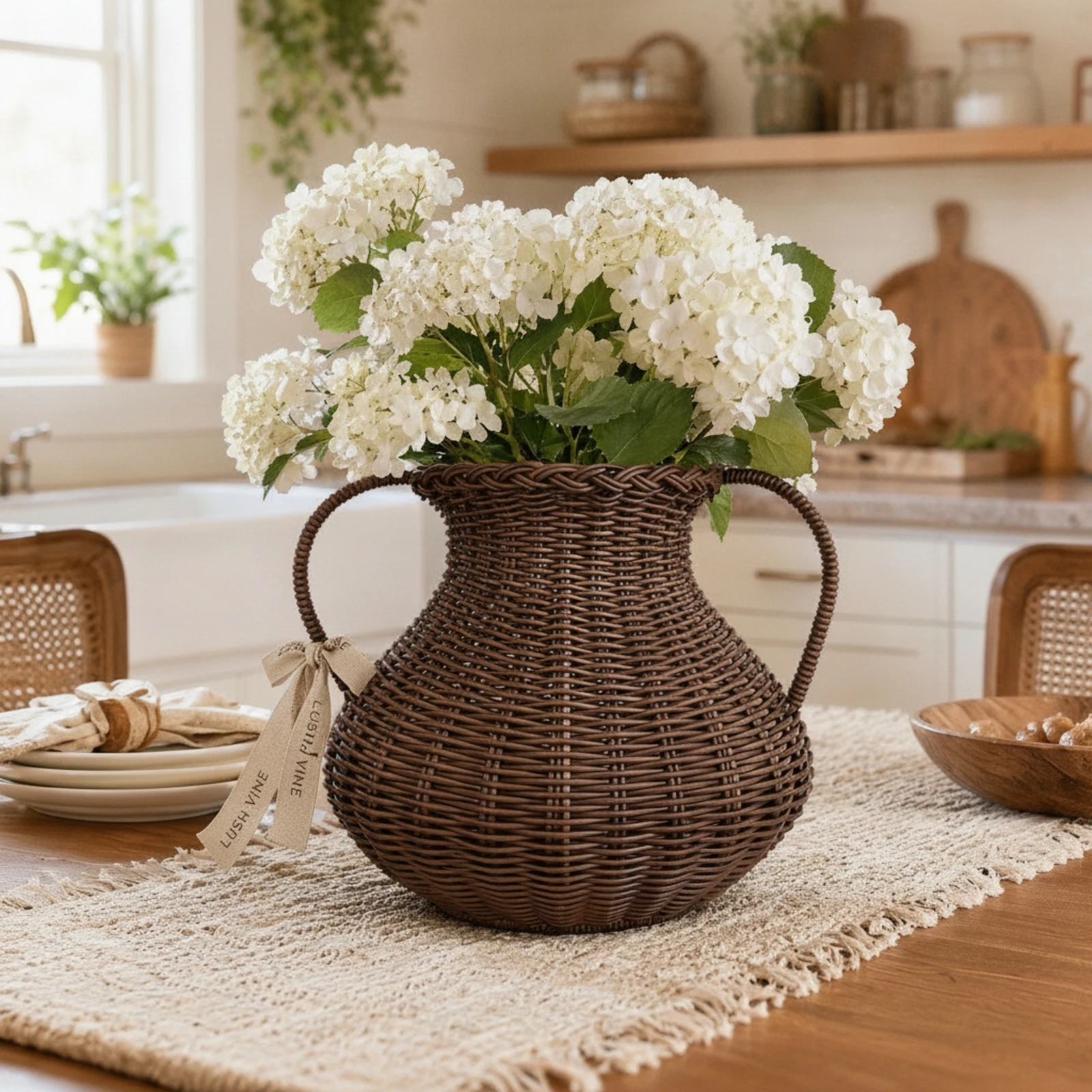 European Imitation Rattan Vase with Handle Tabletop Flower Basket Shatterproof Decorative Flower Holder for Room Home Decoration