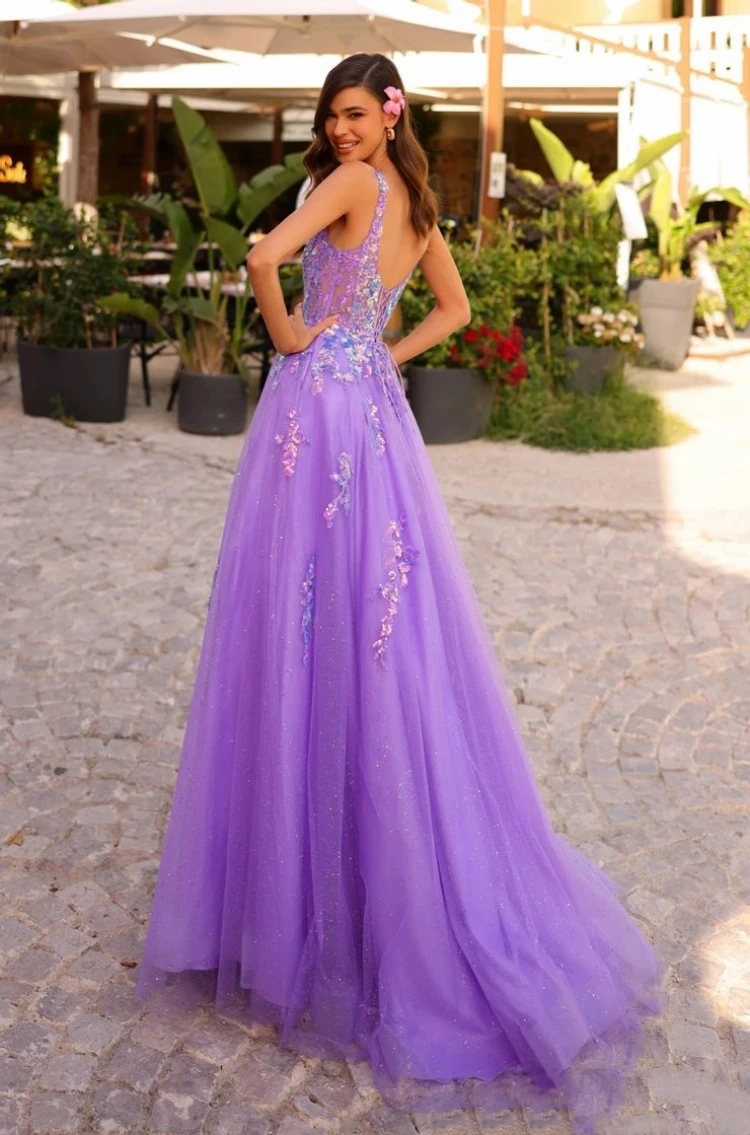 Exquisite Spaghetti Straps GlitterTulle Prom Dress 3D Flowers Appliqued A Line Sleeveless Evening Dress Formal Occasion Gowns