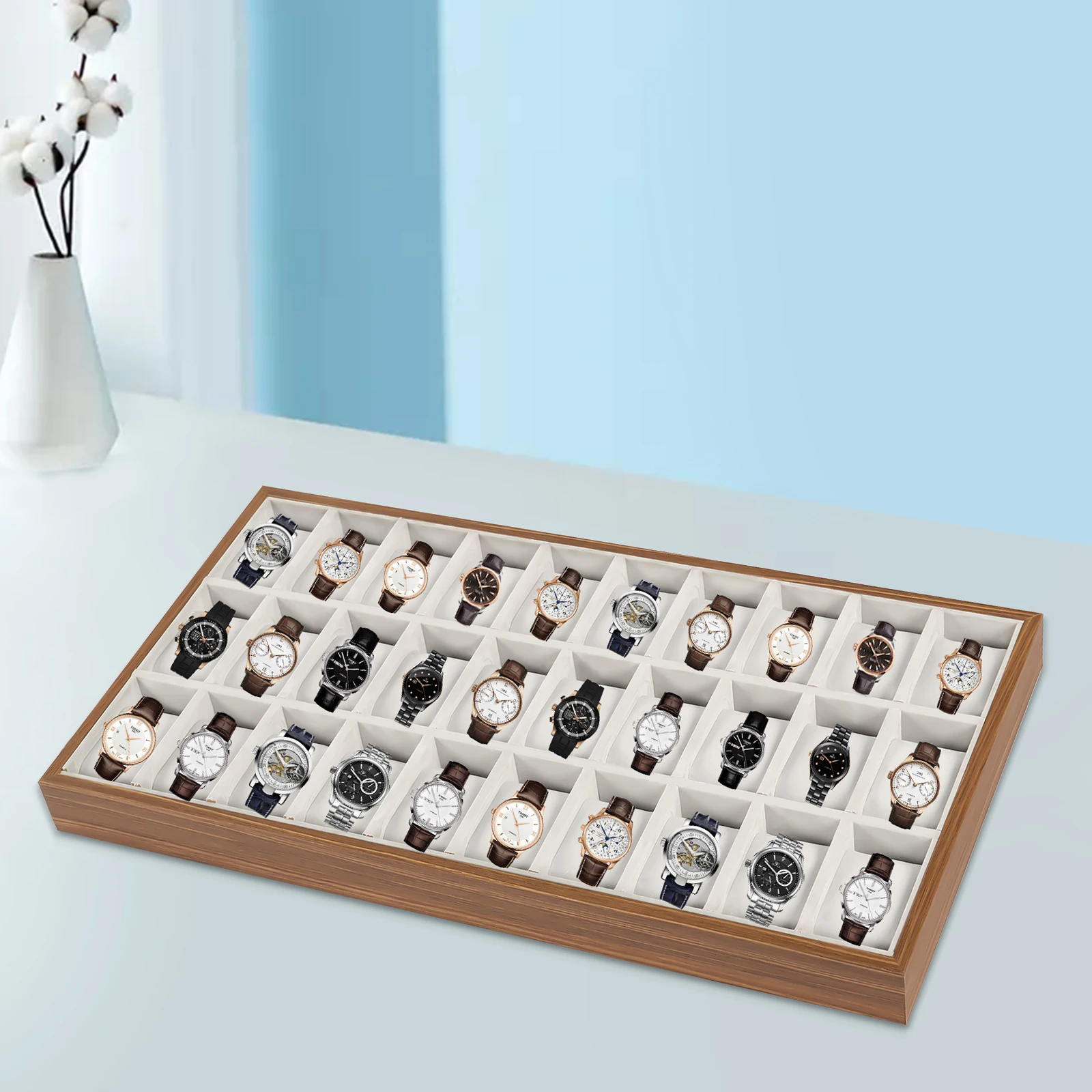 30-слотовый деревянный ящик для часов-органайзер со съемными фланелевыми подушками для ювелирных изделий и браслетов, стеклянная верхняя витрина для хранения