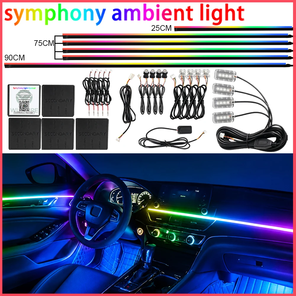 Striscia LED per interni auto a colori, in acrilico, con APP wireless, RGB 6/18 in 1, strisce luminose a fibra ottica per auto, luci dinamiche a inseguimento, sincronizzazione musicale, kit di