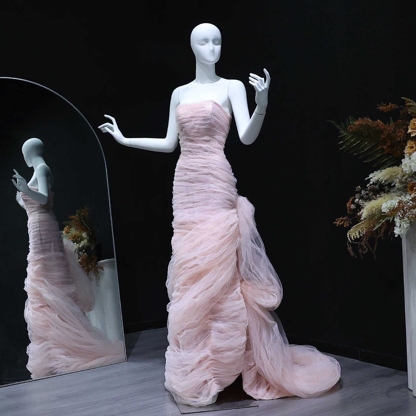 샤론 사이드 우아한 핑크 스트랩리스 두바이 이브닝 원피스, 스팽글 아랍어, 웨딩 원피스 가운, SF409 맞춤형