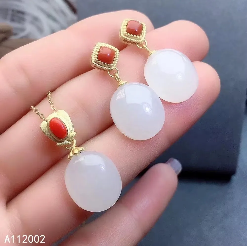 Jewelry Girl Natural Red Coral White Jade Gemstone Necklace Pendant Earring Set 925 Pure Silver Electroplated Gold Party Gift