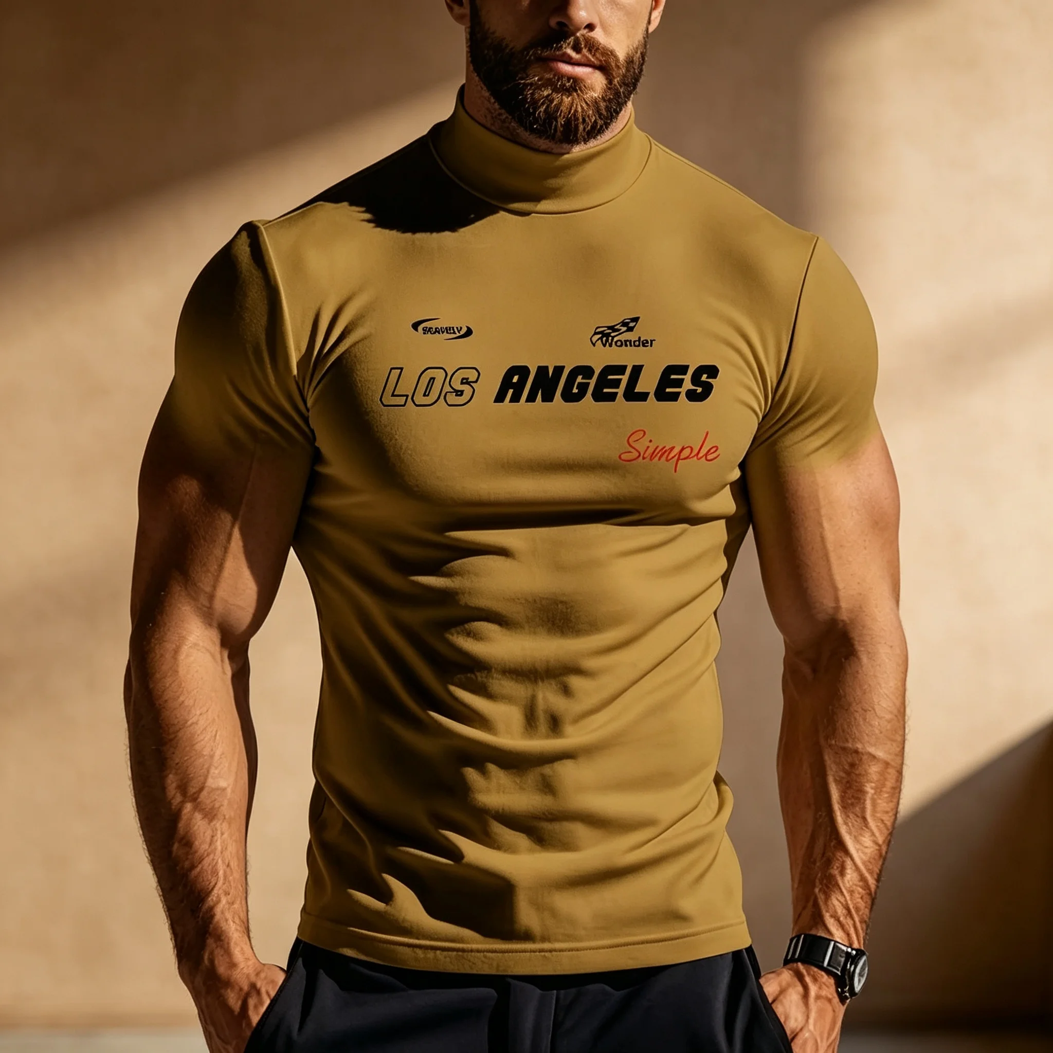 Herren Mock Neck Langarm-Thermoshirts mit Los Angeles-Schriftzug, dehnbar, eng anliegend, als Basisschicht, lässiges warmes Unterhemd für den Herbst. – Detail 4