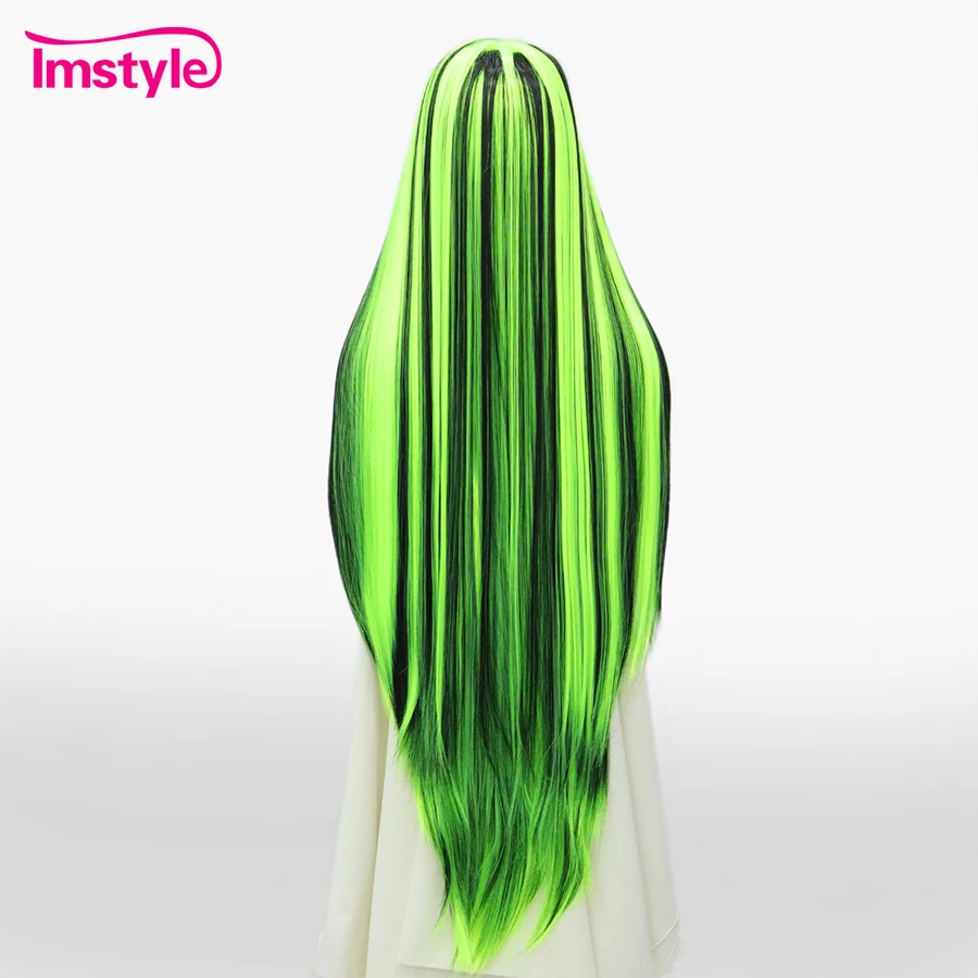 Imstyle 44 "Wig Super panjang renda sintetis Wig depan neon hijau campuran Wig hitam Wig rambut lurus serat tahan panas