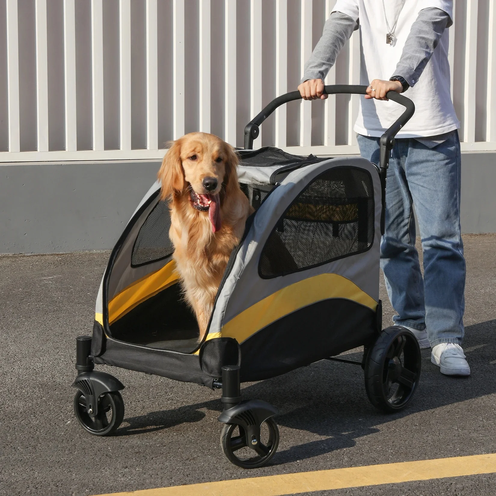 Draagbare hondenwandelwagen, 4 wielen voor grote honden, opvouwbare kattenreiswagen, wandelwagen, ademende drager voor buitenspelen - afbeelding 2