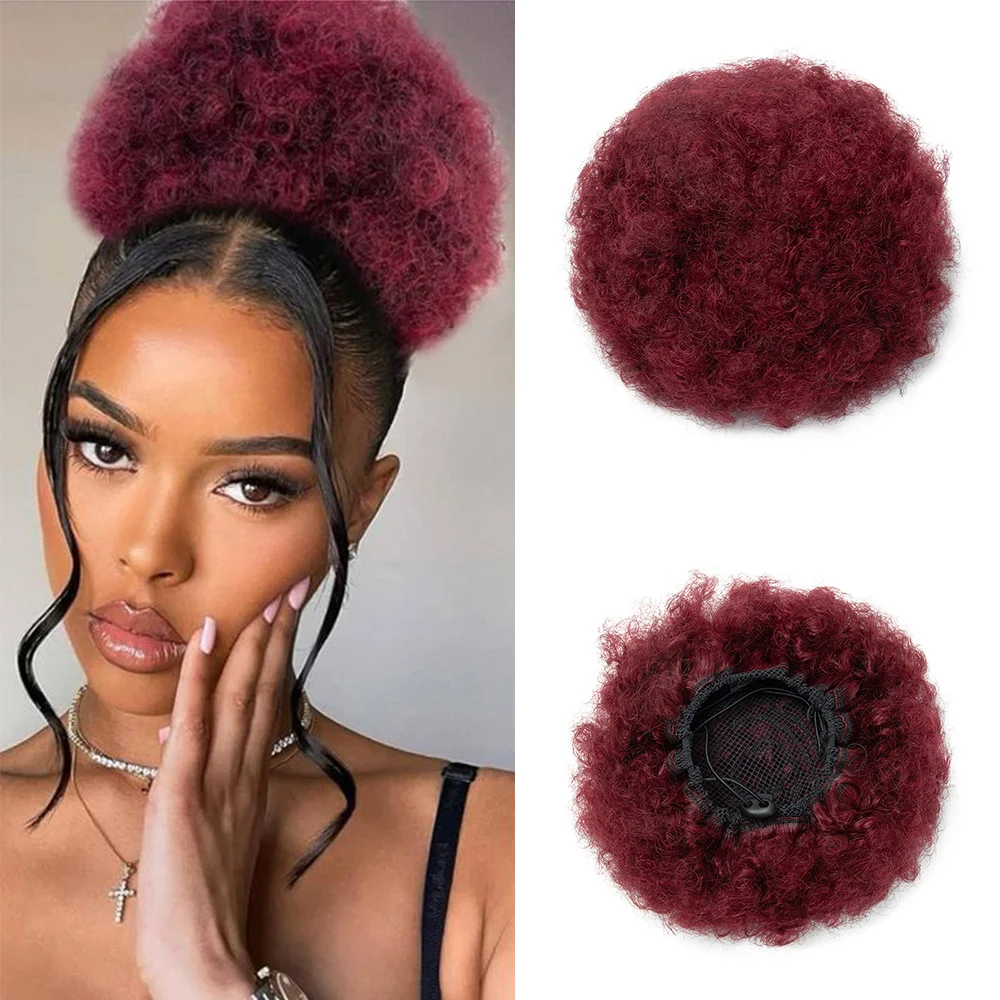 Tanjet Burgundy Afro Kinky Puff Ponytail Human Hair Bun Natural Black Kinky Curly Drawstring Ponytail Brazilian Hair Extensions