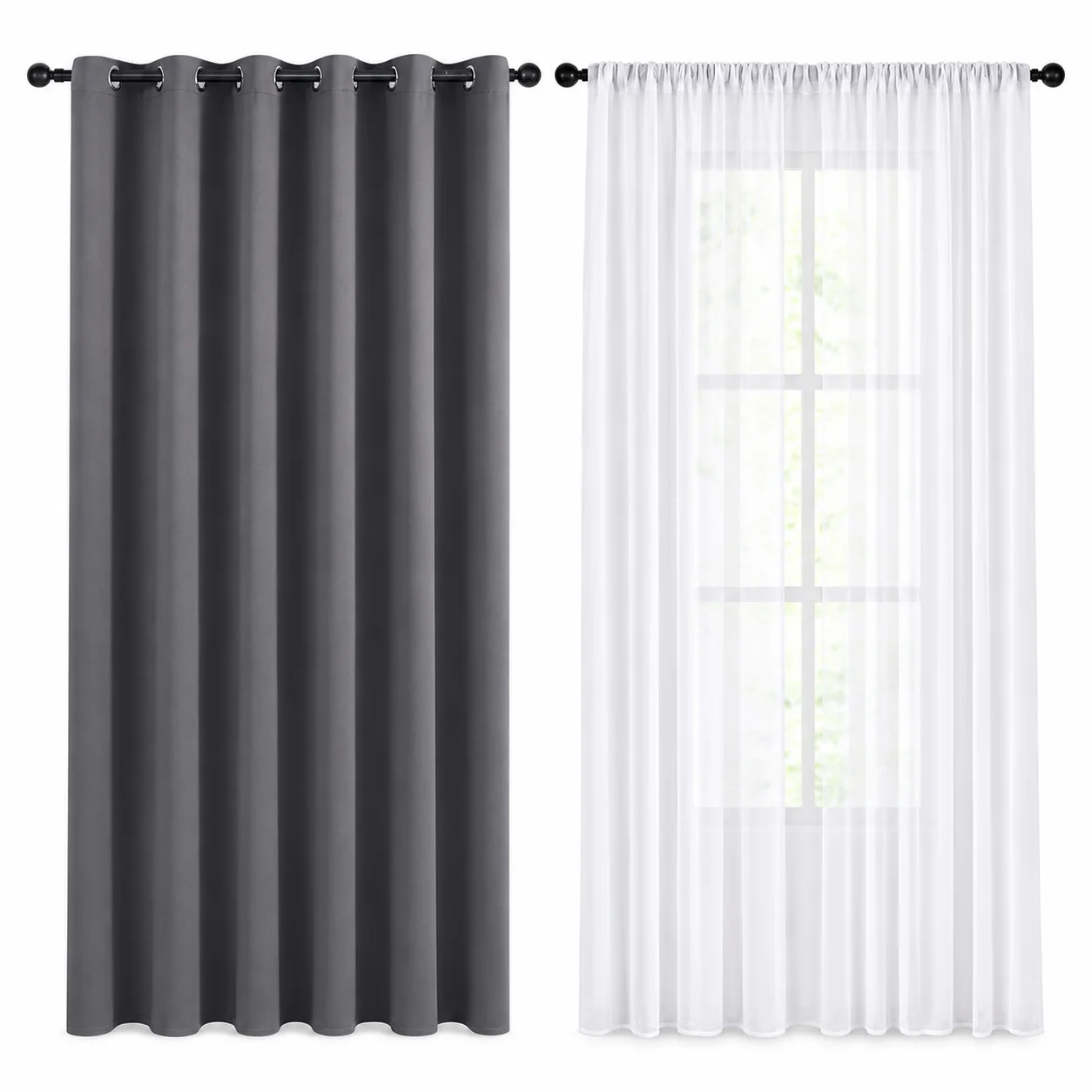 Layered Window Curtains Set – Gray Blackout Curtain & White Sheer Curtains – Grommet & Rod Pocket Top Dual Layer Curtains for Bedroom & Living Room (Privacy & Light Filtering)