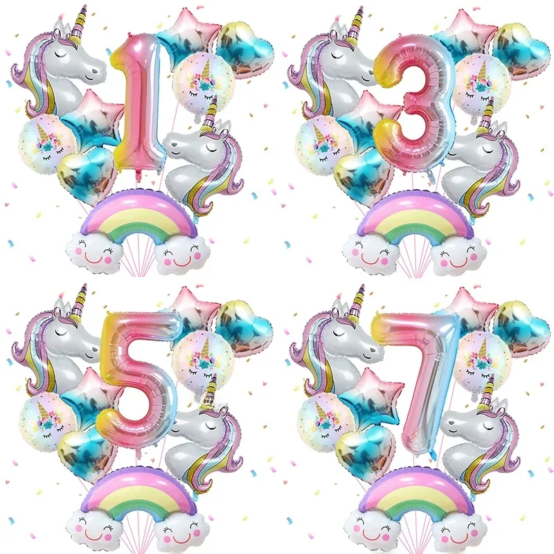 1 set regenboog eenhoorn meisje ballon aluminium film ballon set met lachende regenboogfolie 1e pasgeboren feestdecoratie benodigdheden - afbeelding 2