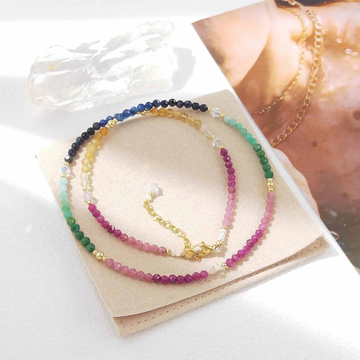 Lii Ji Natural 3mm Multi Stone Austria Cyrstal Beaded Necklace Choker 14K Gold Filled Handmade Regulowany naszyjnik 42+3cm — Zdjęcie 2 z 2