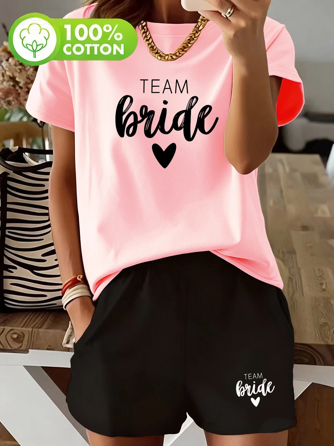 

Summer Casual Sports Suit Team Bride Letter Print Short-Sleeve + Shorts Pure Cotton Bridesmaid Group Best Friend Outing Two-Piece Set