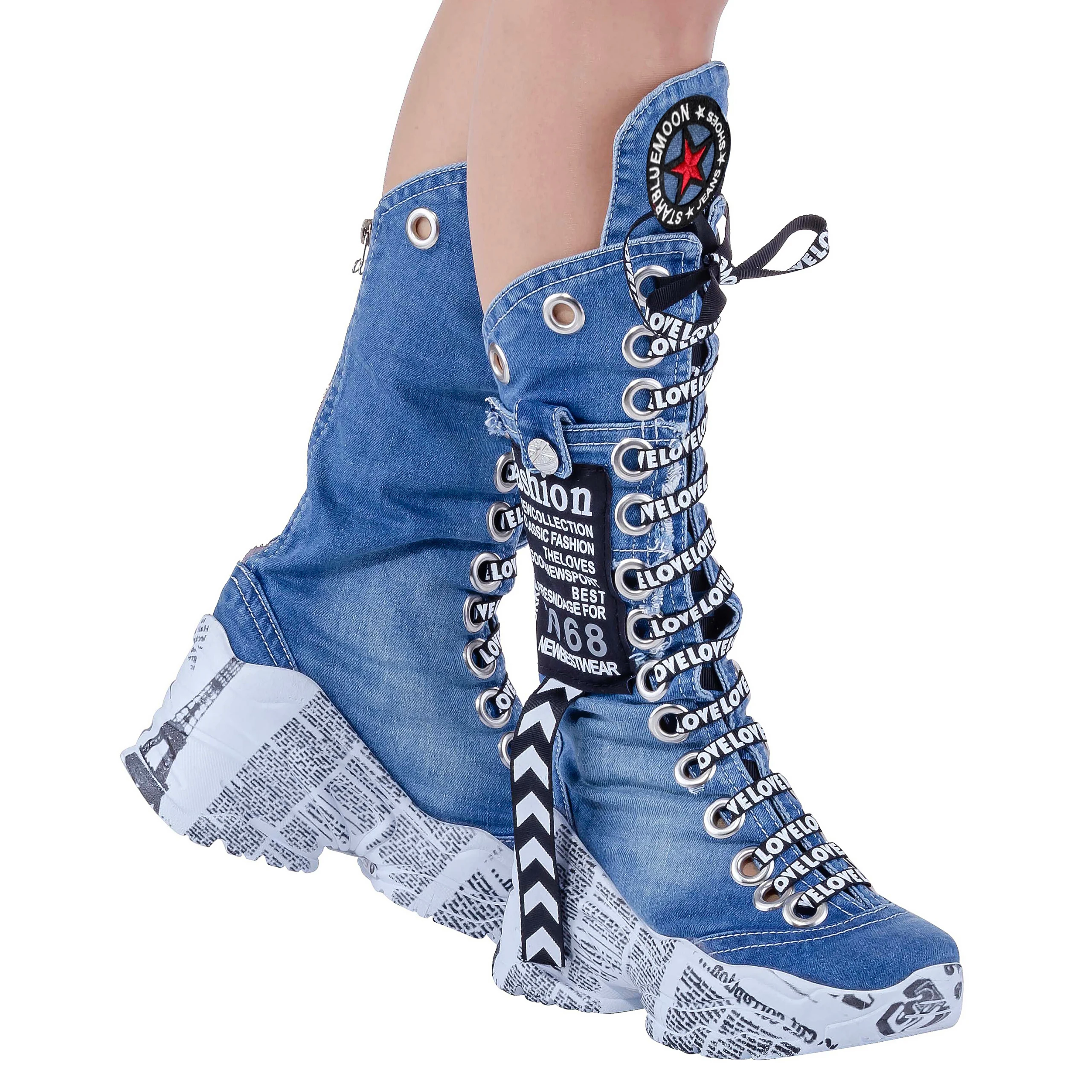 Jeans Boots / Handcrafted Sexy Design Blue Pattern Embroidered Jeans Women\'s Boots/ Birthday Gift / Denim Boots / Platform Boots