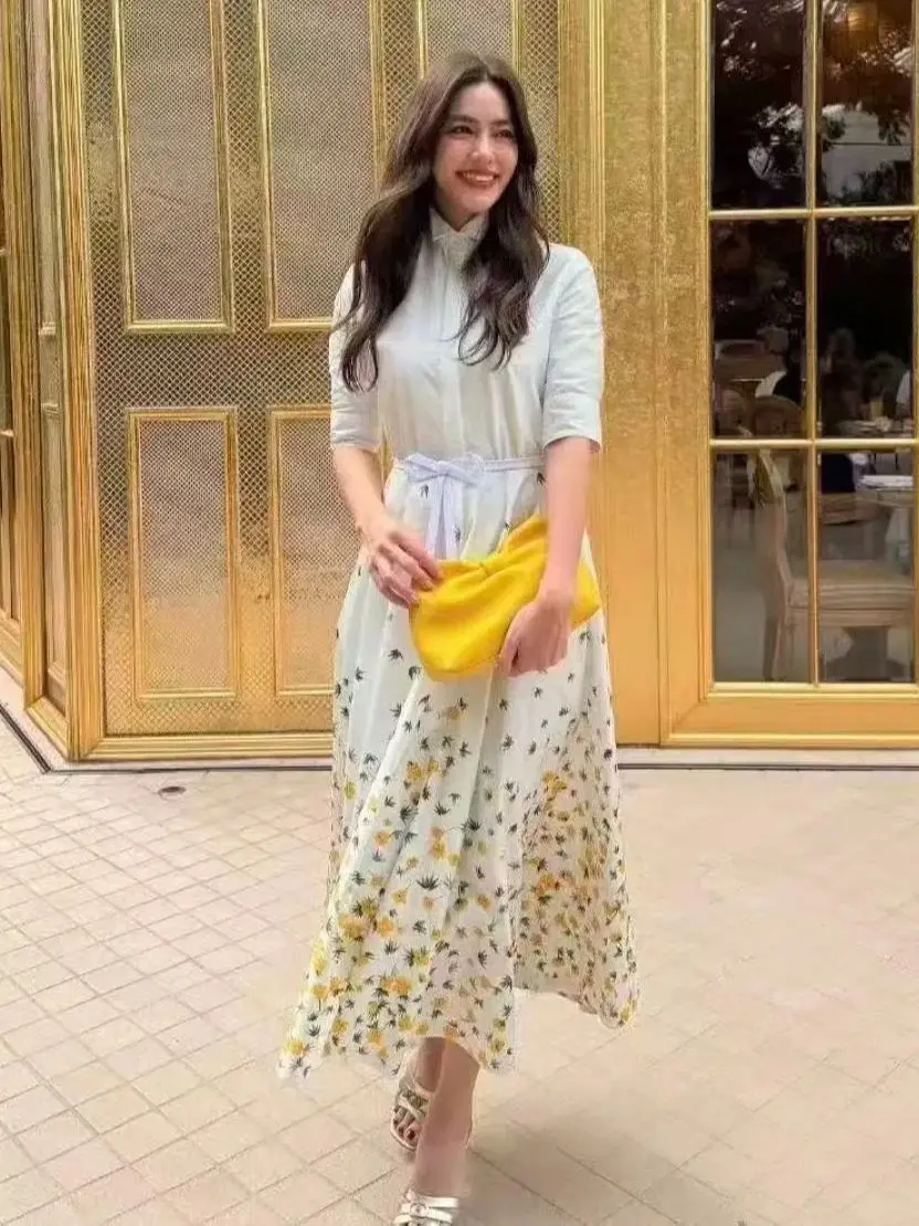 

Elegant summer women's waist fitted cotton floral print short sleeve mid-length dress