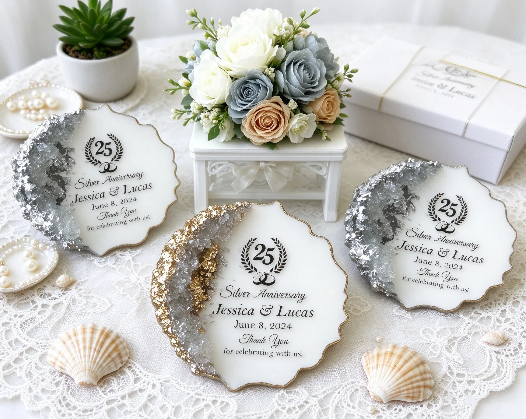 Personalized Geode Epoxy Resin Fridge Magnet, Wedding Anniversary Favor Custom Emerald Anniversary Thank You Keepsake Souvenir