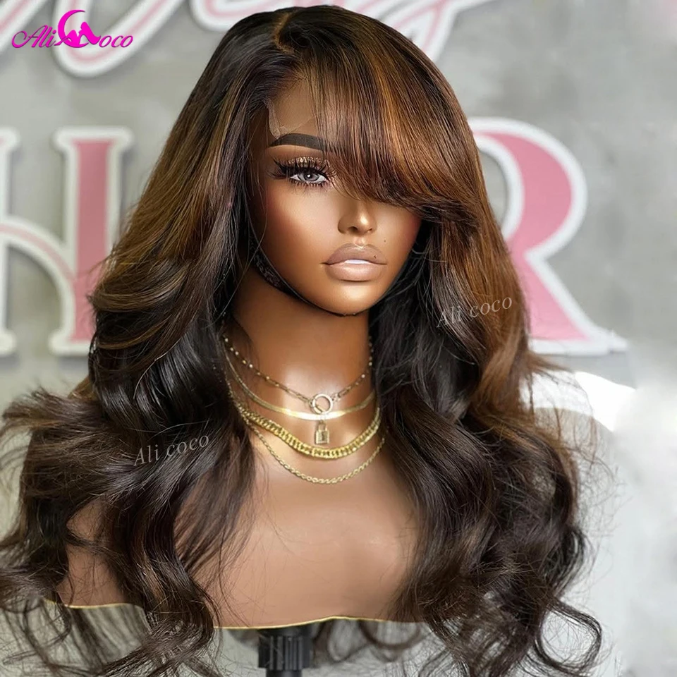 

5x5 Lace Closure Human Hair Wigs Pre Plucked 13x6 Lace Front Wigs Light Brown Colored With Bangs for Women 180 Density