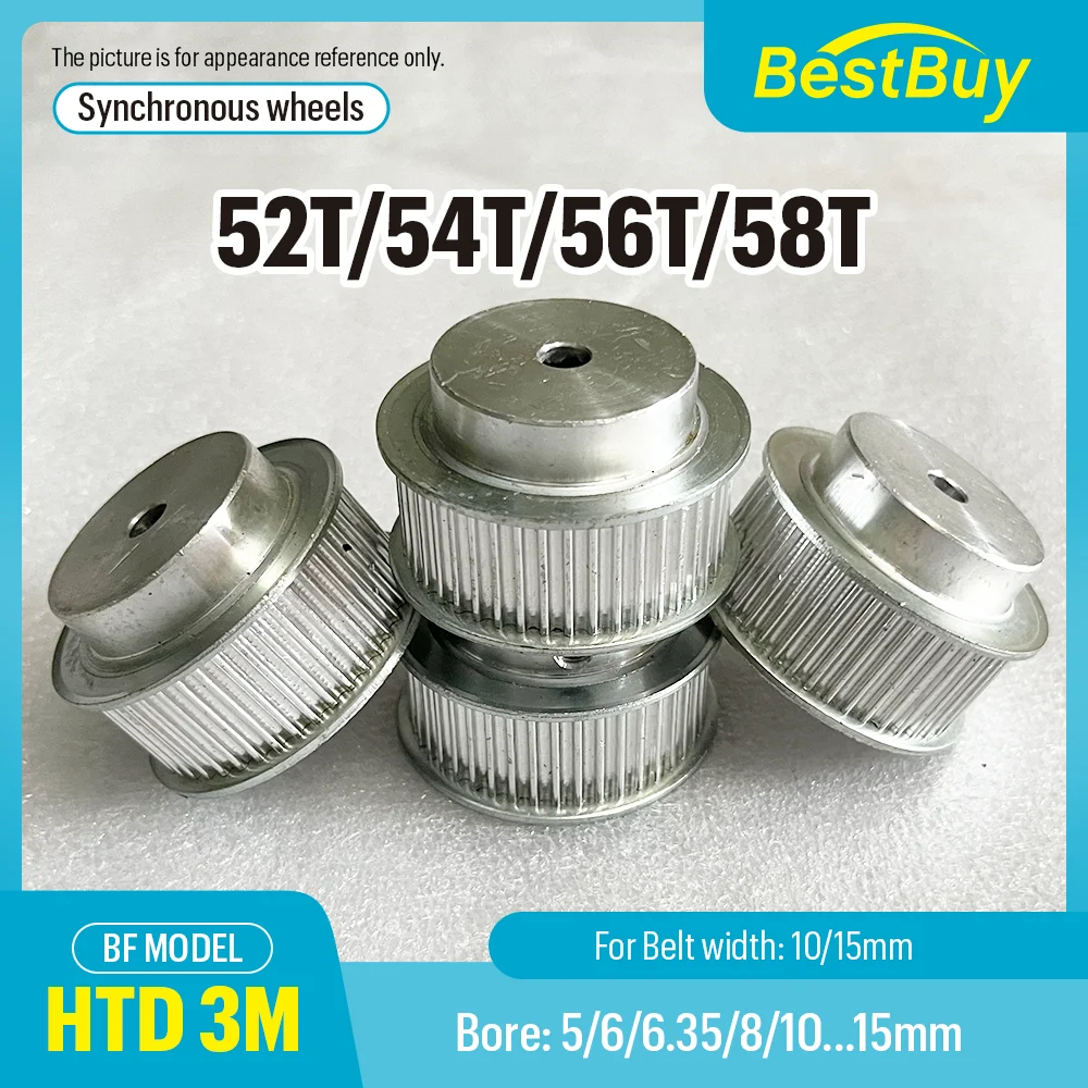 52T/54T/56T/58T HTD 3M BF Timing Pulley Bore 5-15mm Pitch 3mm for 10/15mm HTD 3M Synchronous Belt, Industrial Parts