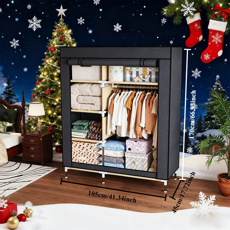 

Space-Saving Fabric Wardrobe 41.3x17.7x66.9in 5 Storage Spaces 1 Hanging Area, 16mm Metal Frame & Roll-Up Door