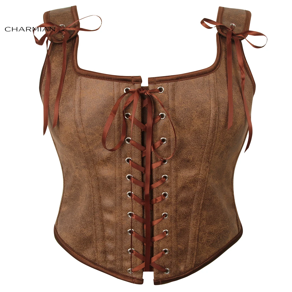 

Charmian Women Renaissance Vintage Overbust Corset Vest Faux Leather Square Lace Up Boned Bustier Corset Brown Pirate Costume