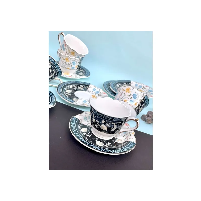 My Cute Stuff Nostalgia Porcelain Set of 6 Turkish Coffee Cups - Black & Blue