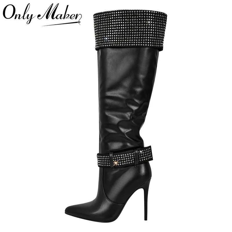 Onlymaker Women Rhinestone Pointed Toe Black Matte Knee High Boots Stiletto Fashion  Long Boots