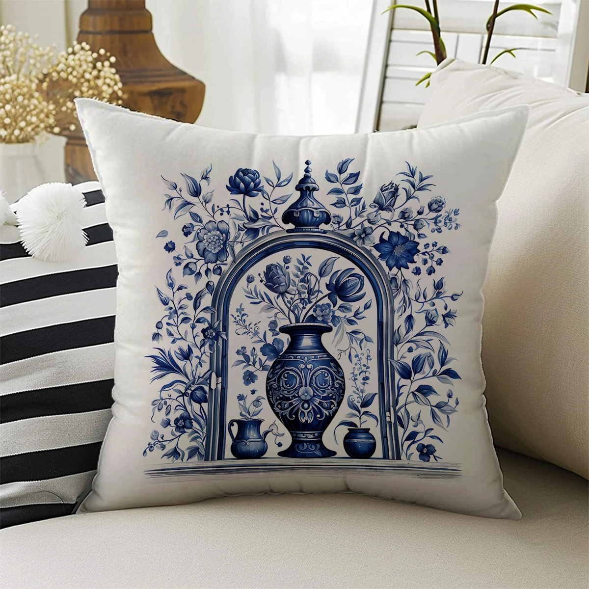 Blue White Retro Vase Flowers Double Side Print Pattern Cushion Cover Home Decoration Living Room Sofa Chair Pillow Cover