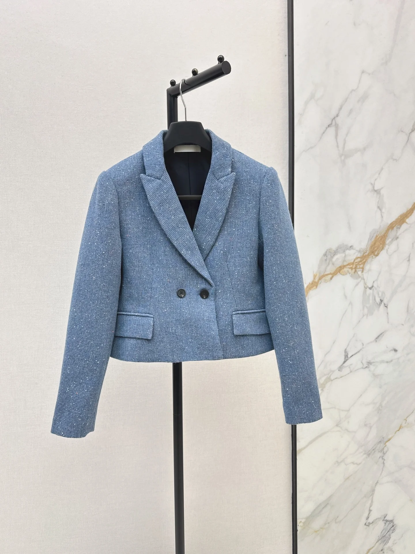 Women's 2026 Early Autumn Elegant Tweed Two Piece Suit Sparkle Blue Short Blazer Jacket High Waist A-Line Skirt Party Outfit