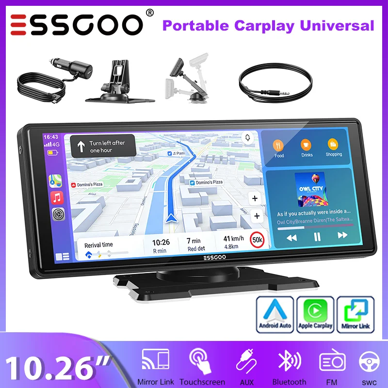 ESSGOO 10,26 Zoll tragbare, kabellose Carplay-Universalhalterung für Wohnmobile, LKWs, Autoradios, Android Auto, Bluetooth, FM, Lenkradsteuerung, einfach zu installieren