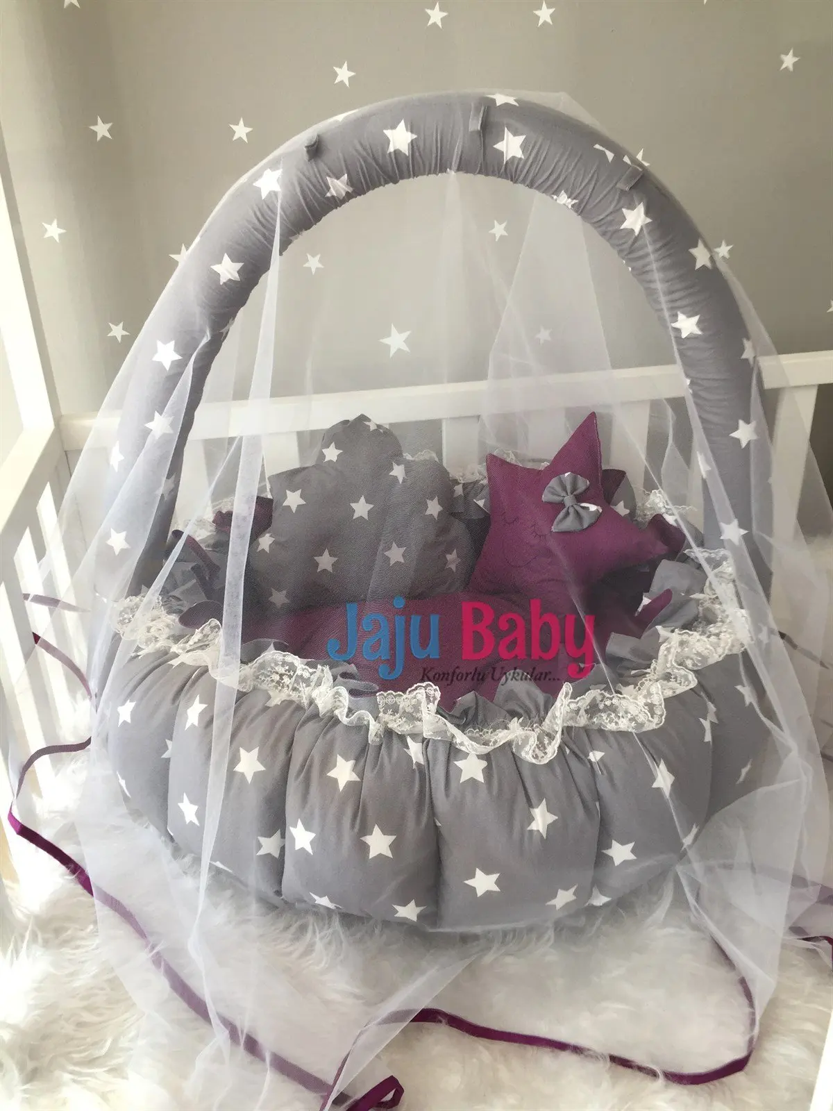 

Handmade Gray Star Purple Patterned Design Luxury Play Mat Babynest Mosquito Net Tulle Toy Apparatus Set