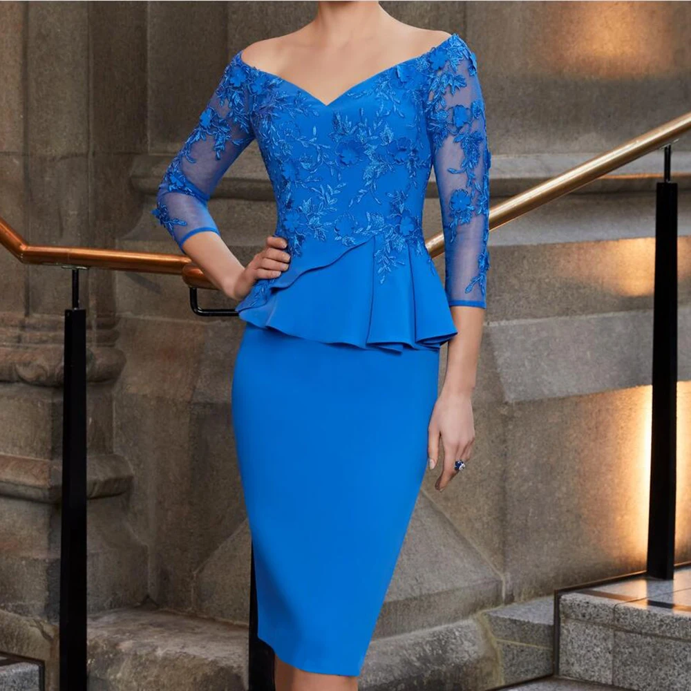 

Blue Mother of the Bride Dresses V-Neck Lace Appliques Knee-Length Prom Dress 3/4 Sleeve peplum Modern Wedding Guest Party Gowns