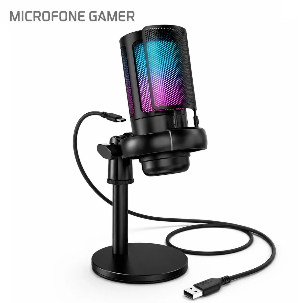 Microfone Gamer RGB USB Condensador com Monitoramento de Fone para Streaming Podcast PC