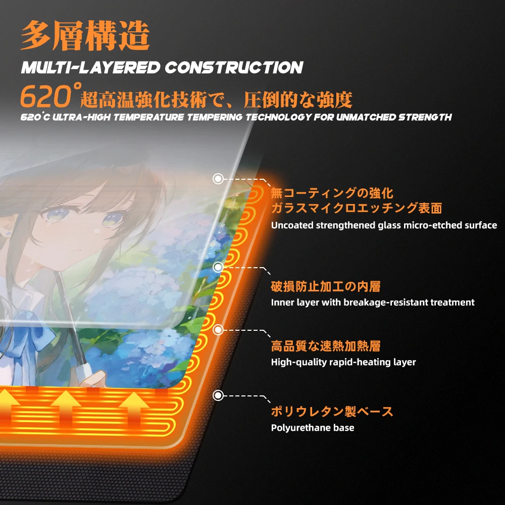TALONGAMES Tempered Glass Mousepad Heated Glass Gaming Mouse Pad for Esport, Nagisa, L 490×420mm, 4-Level Temperature Control