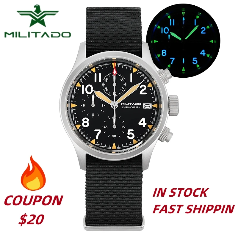 

Militado Retro VK67 Quartz Chronograph Watch - 3 Dial Chronograph Movement Luminous Watches Sapphire Glass Waterproof Wristwatch