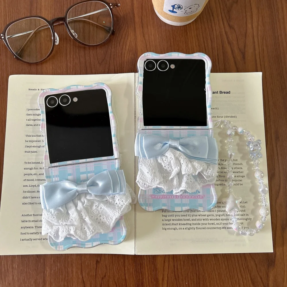 

Blue Satin Lace Bow Plaid Phone Case for Samsung ZFlip3 4/5/6/7, with Lanyard, Ladylike New Style Shockproof Protective Case