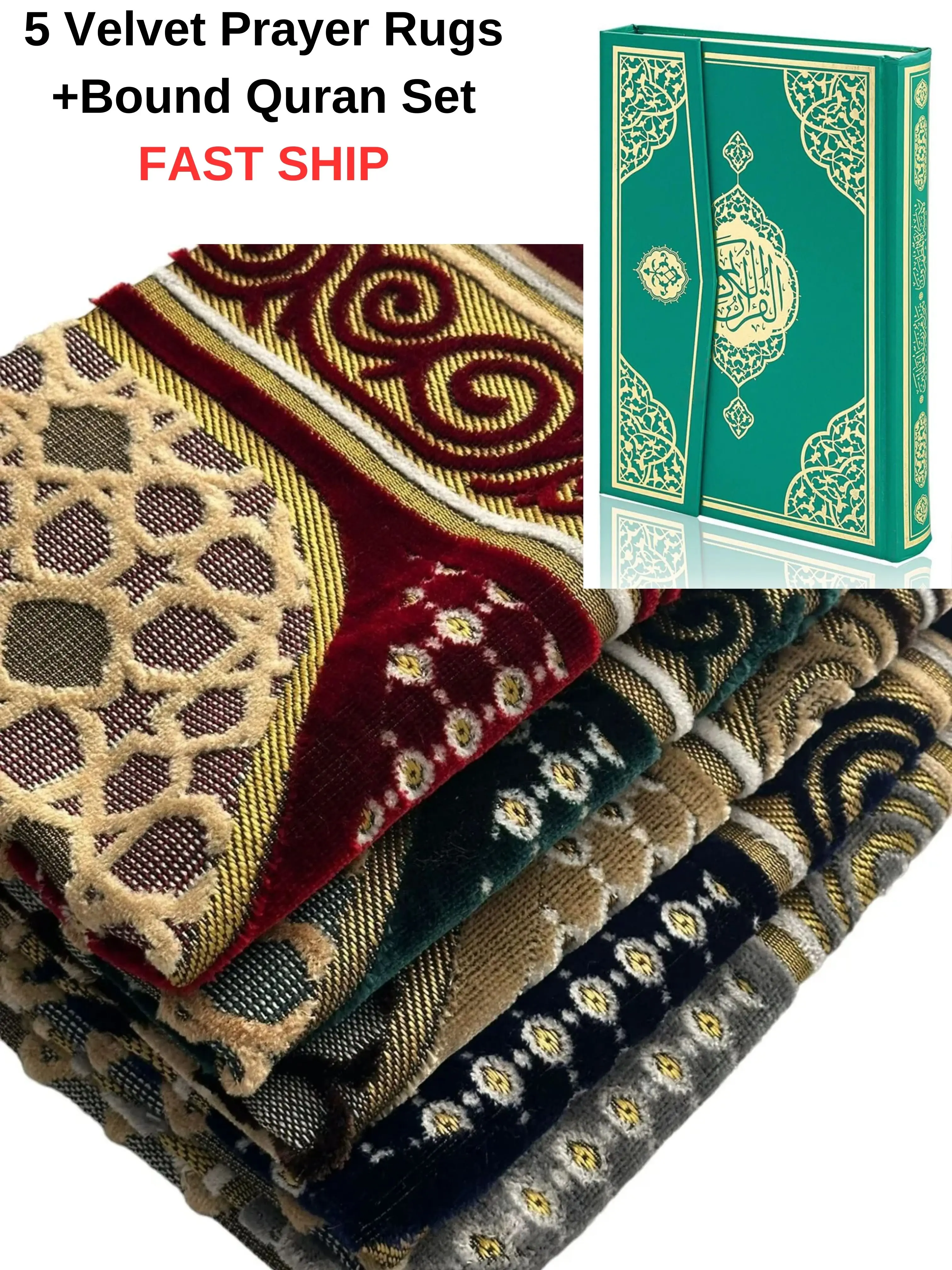 

5 Pcs Velvet Prayer Rugs And 1 QR Code Bound Quran Set Classic Muslim Prayer Mat And Quran Together