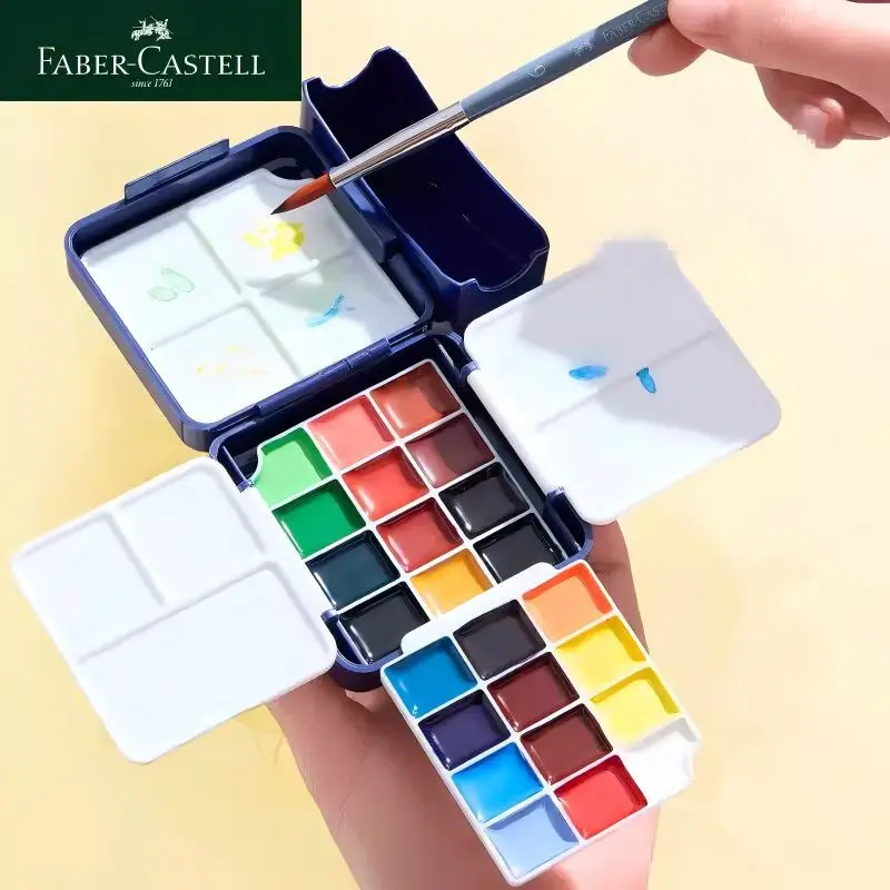 Faber Castell Travel Watercolor Paint Set ,24 Colors Portable Solid Pigment Painting Supplies Outdoor Sketching Drawing