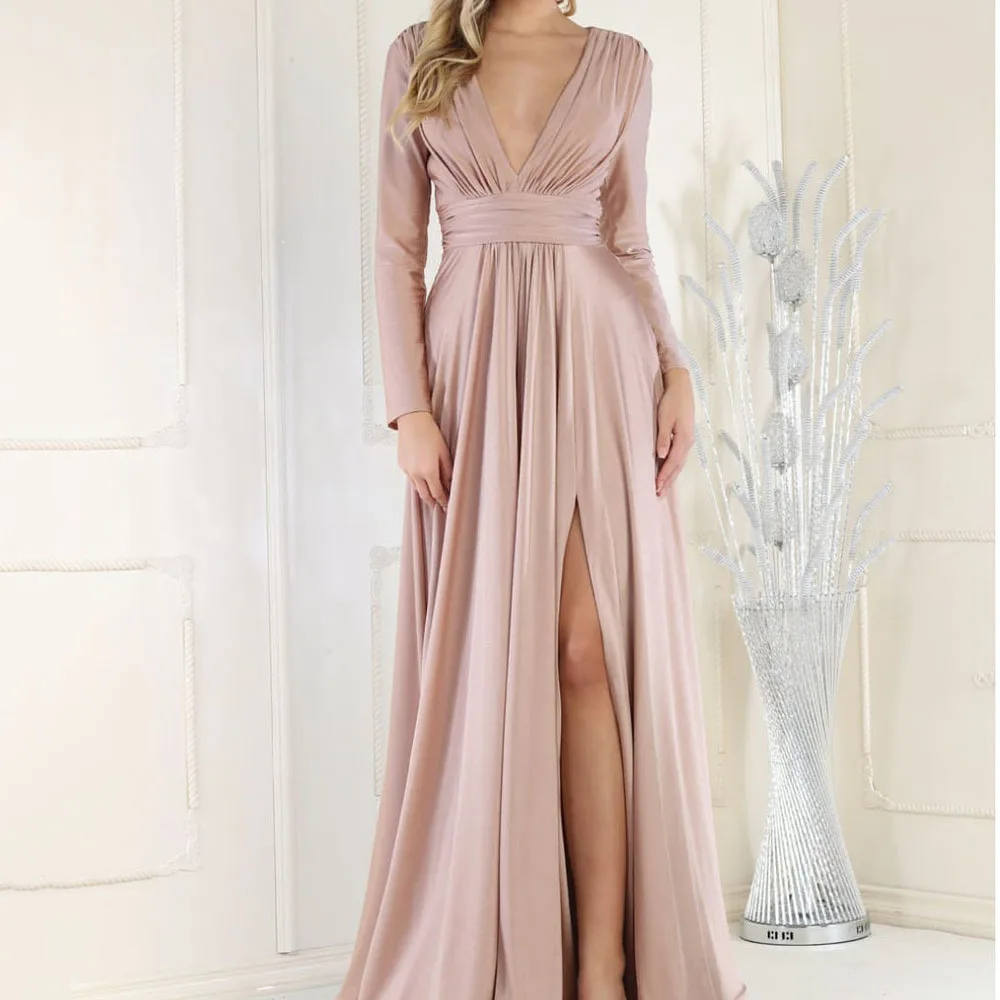 Simple V-Neck Prom Dresses With Split A-Line Formal Occasion Evening Dresses Custom Made Regular Long Sleeve Wedding Party Gowns