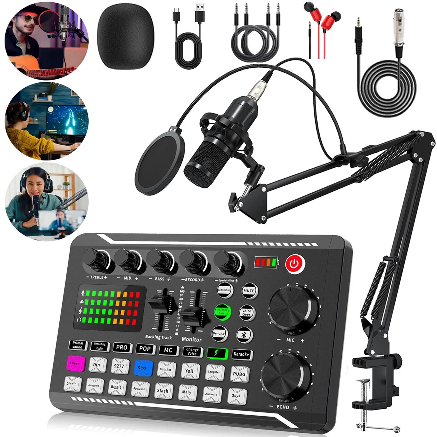 

F998 Live Podcast Equipment,Bluetooth connection Live Sound Card Audio Device, DJ Mixer For Gaming Live broadcast Music Singing