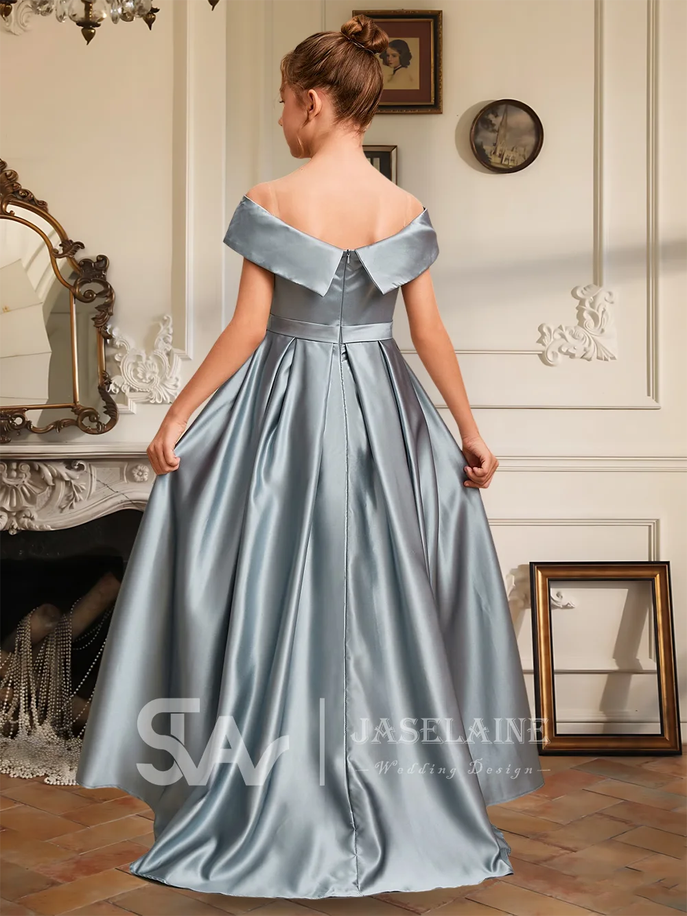 ชุดเจ้าหญิงสำหรับเด็กชุดเพื่อนเจ้าสาวยูนิเซอร์ชุดปิดไหล่ไม่สมมาตรซาตินชุดสาวดอกไม้งานแต่งงานอย่างเป็นทางการพิเศษ