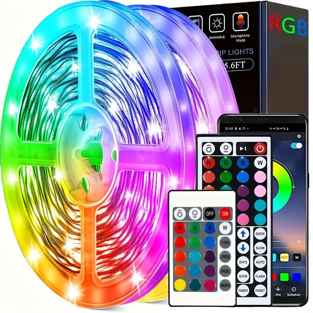 Cor Mudar LED Strip Lights, RGB APP Controle, Modo Remoto, Decoração do Quarto, Bluetooth, TV, SMD 5050, 24Key, 44Key, 5V, 1-20m