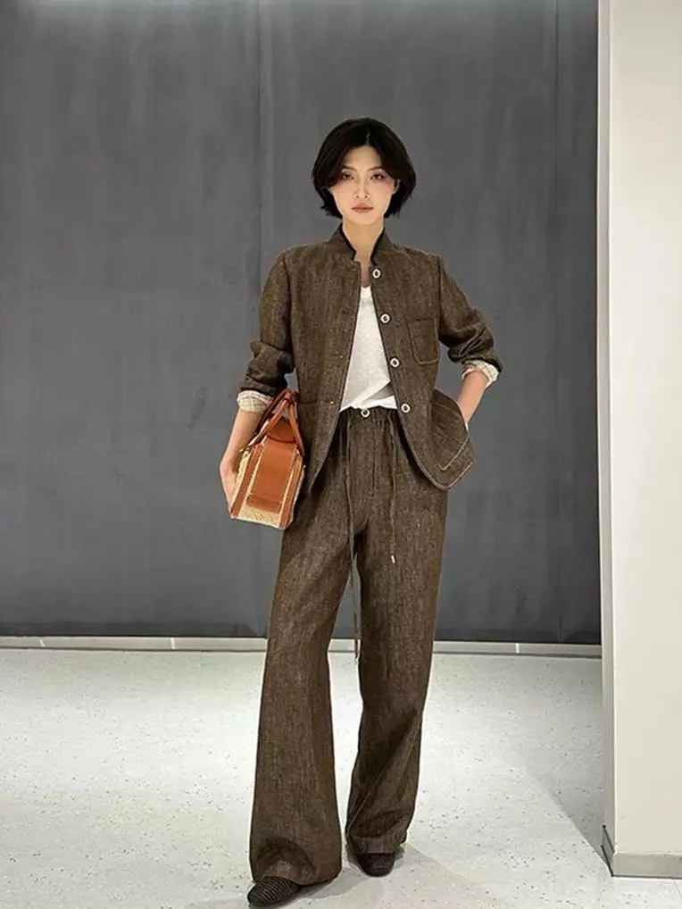 

Осенний универсальный модный женский льняной брючный костюм