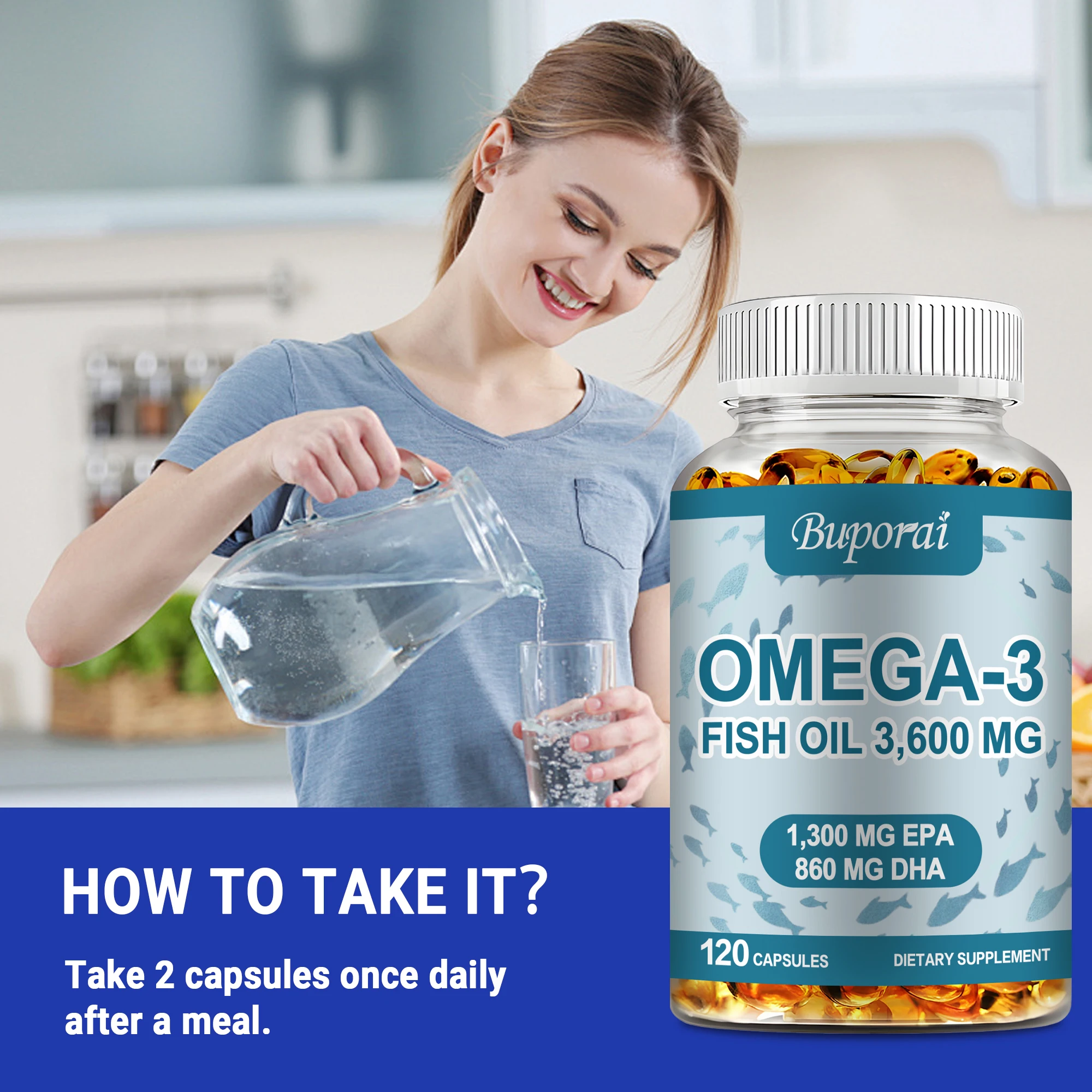 Aceite de pescado Omega 3, 120 cápsulas que favorecen el sistema Cardiovascular, la función cognitiva y la capacidad de aprendizaje