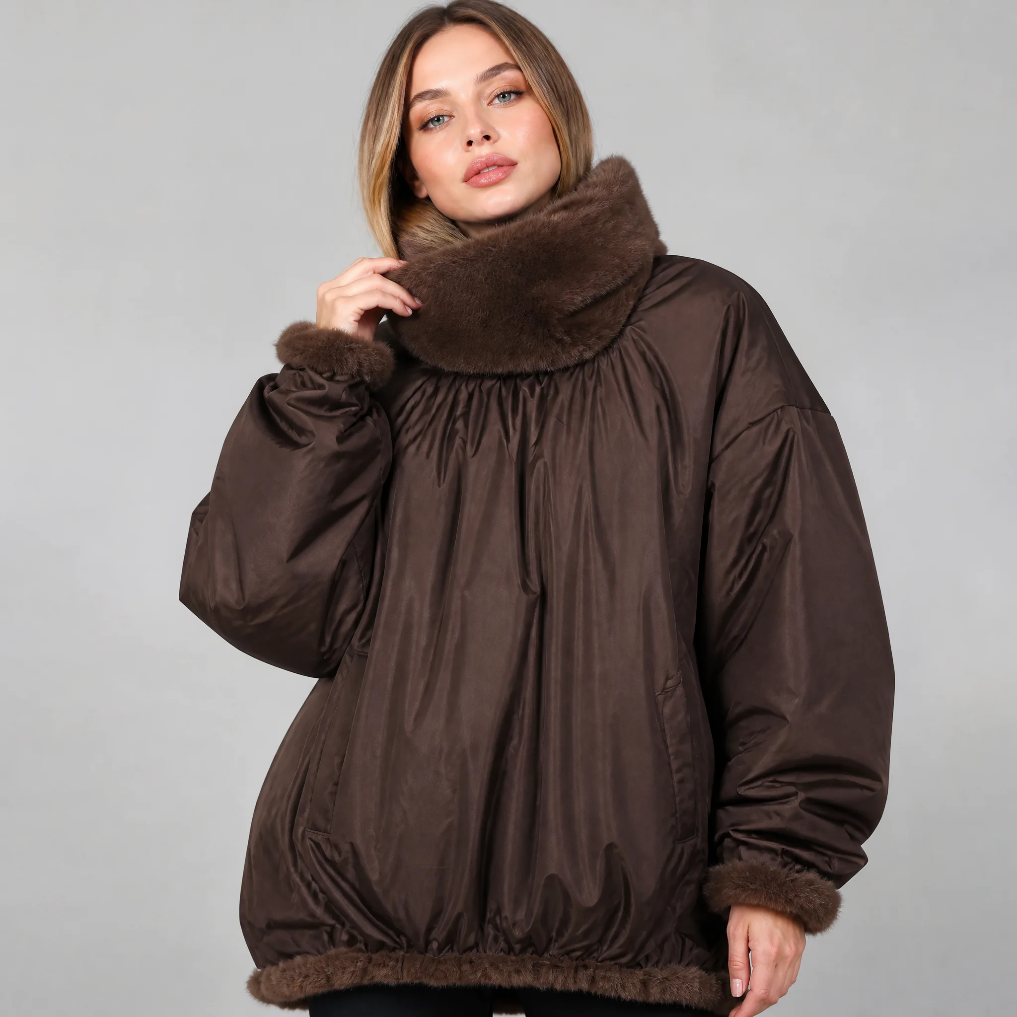 2026 Women's Reversible Two Sides Wear Faux Mink Fur Jacket, Oversized High Funnel Collar Drawstring Hem Long Sleeve Side Pocket