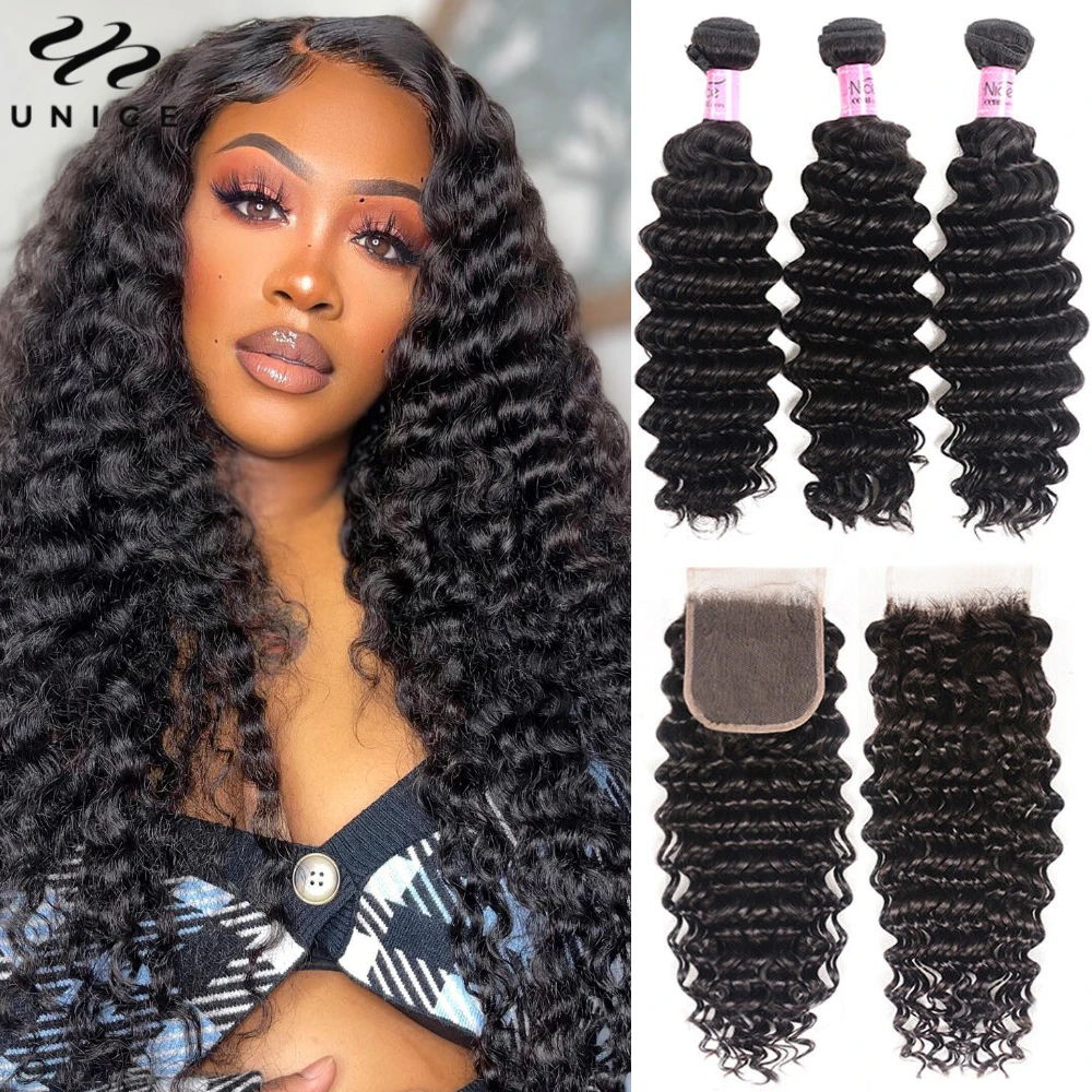 Unice Hair Deep Wave Bundles With 5x5 HD Lace Closure Natural Color 100% Human Hair 3/4 PCS Bundles With Closure