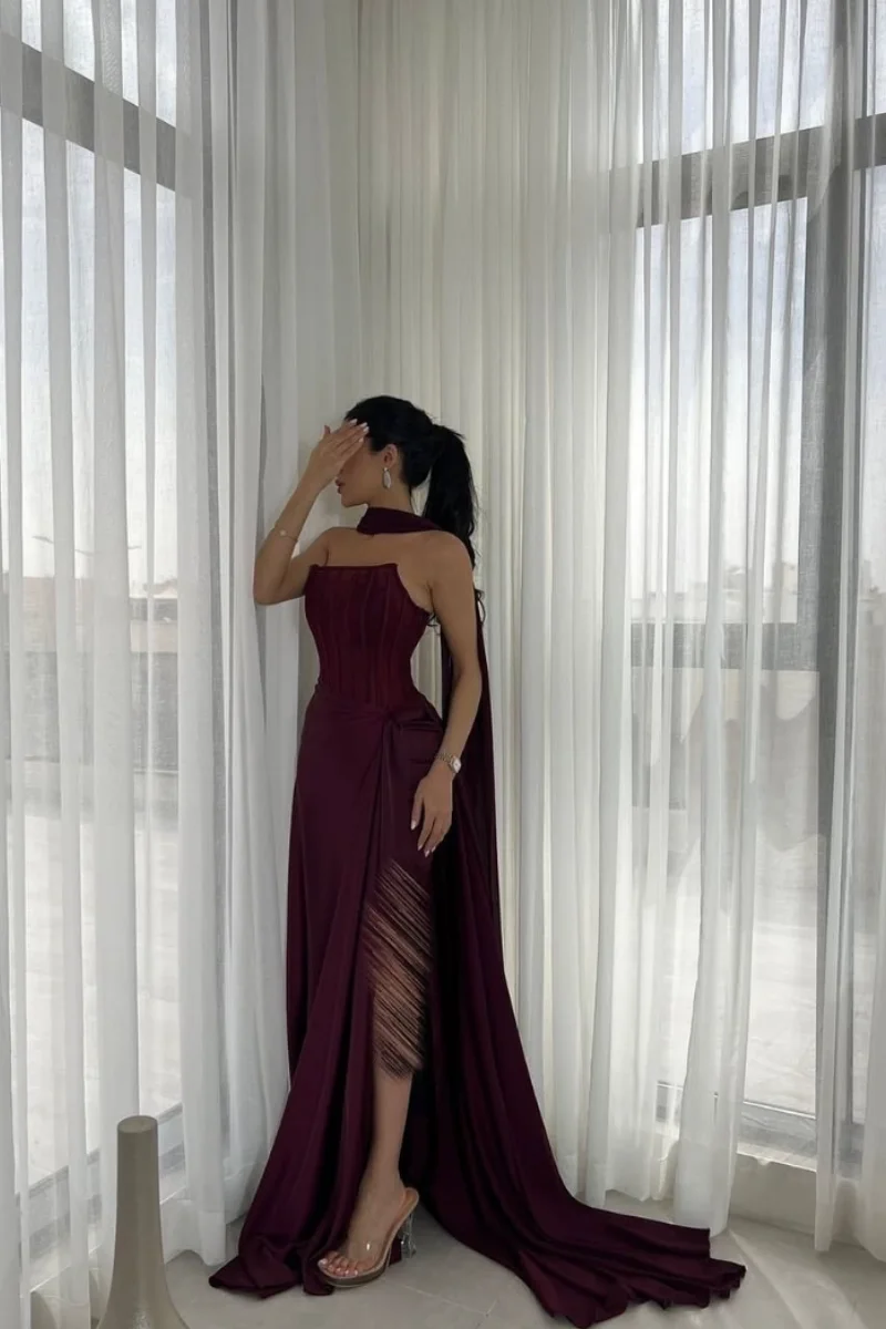 Annie สีม่วงกระดูกปลาชุดราตรี Off-the-shoulder Slim-fit ซาตินชุดราตรีโอกาสพิเศษ PARTY Dresses FBساتة