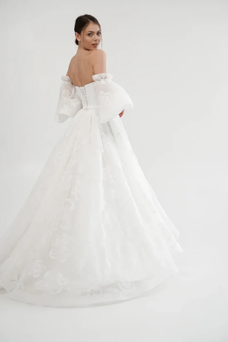 Annie Princessพัฟแขนชุดราตรีลูกไม้TulleชุดราตรีสีขาวOff-The-Shoulder Corset Party Dresses FBساتة