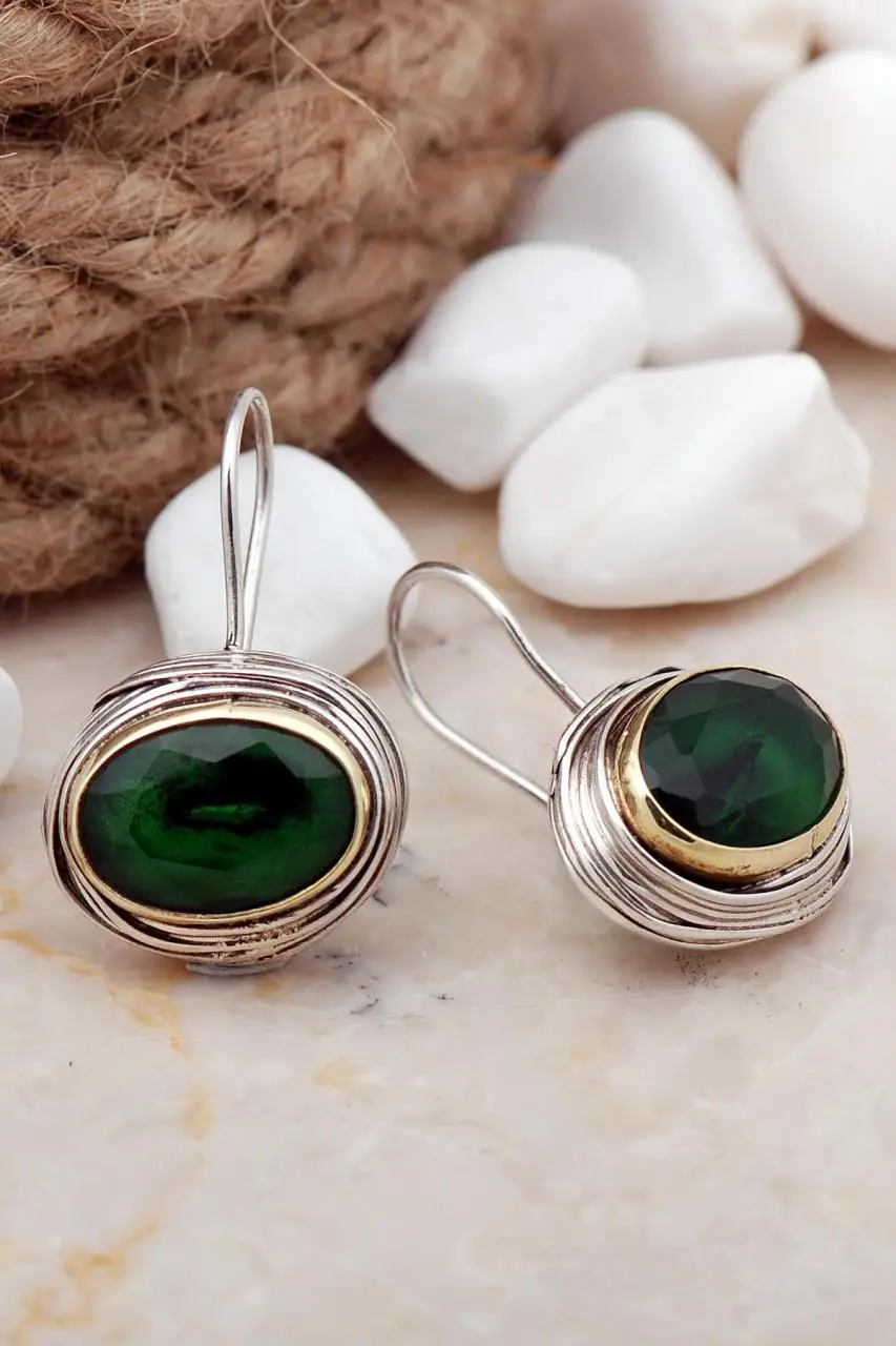 Handmade 925 Real Silver Wire Wrap Dangle Earrings Natural Root Emerald Stone Drop Earrings Jewelry Gift for Her for Women