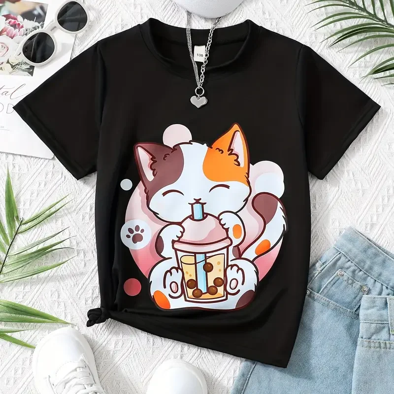 Girls' Adorable Bubble Tea Cat T-Shirt - Soft Crew Neck, Short-Sleeve Casual Summer Top, Perfect Gift